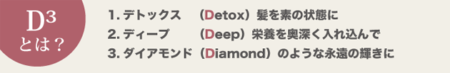 D³とは？　1.デットクス    （Detox）髪を素の状態に 2.ディープ        （Deep）栄養を奥深く入れ込んで 3.ダイアモンド（Diamond）のような永遠の輝きに